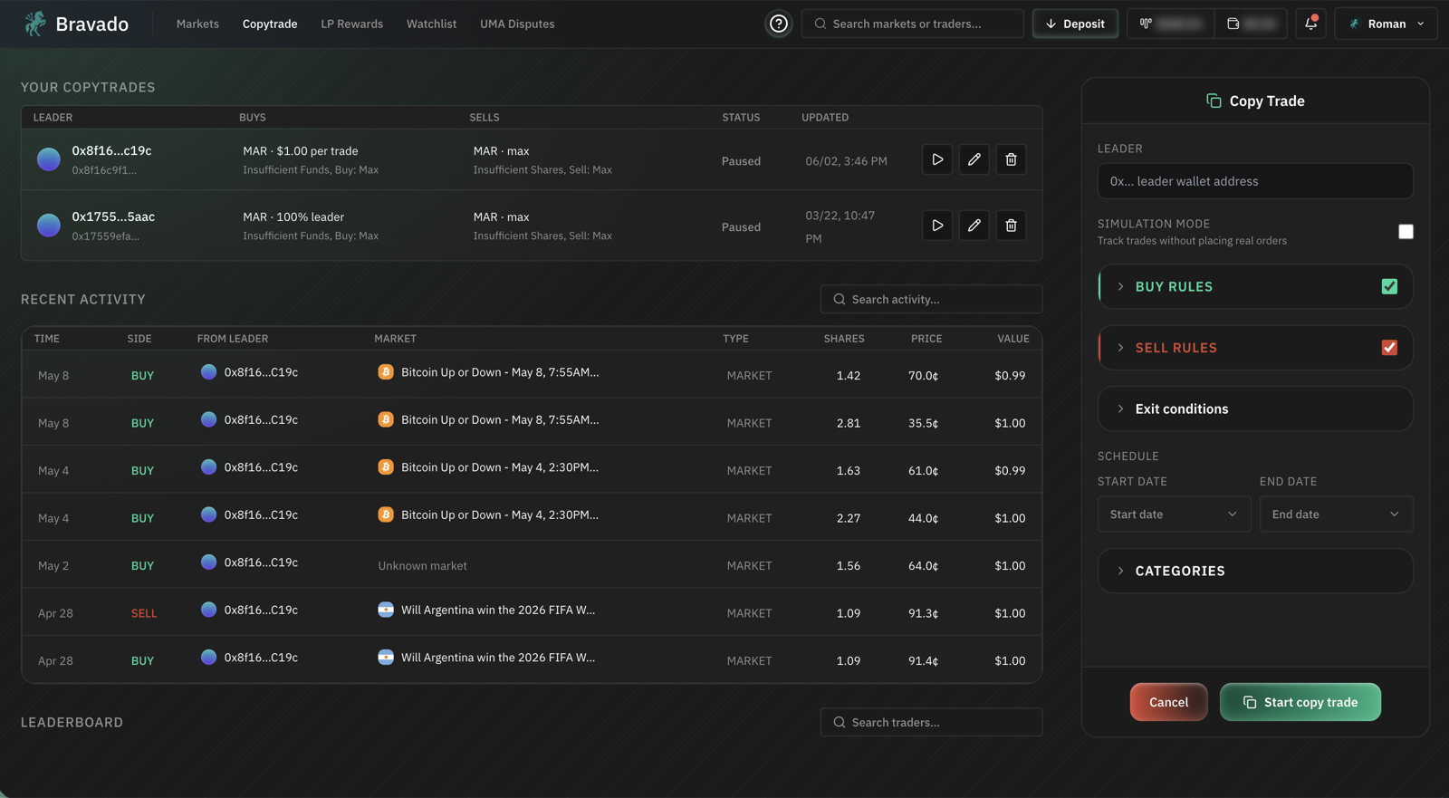 The Bravado copytrade page: active copytrades, recent copied fills, and the rule builder with buy rules, sell rules, exit conditions, and schedule